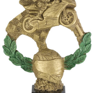 TROFEO FIGURA MOTO VELOCIDAD MODELO BANDERA Y CASCO 33 CM